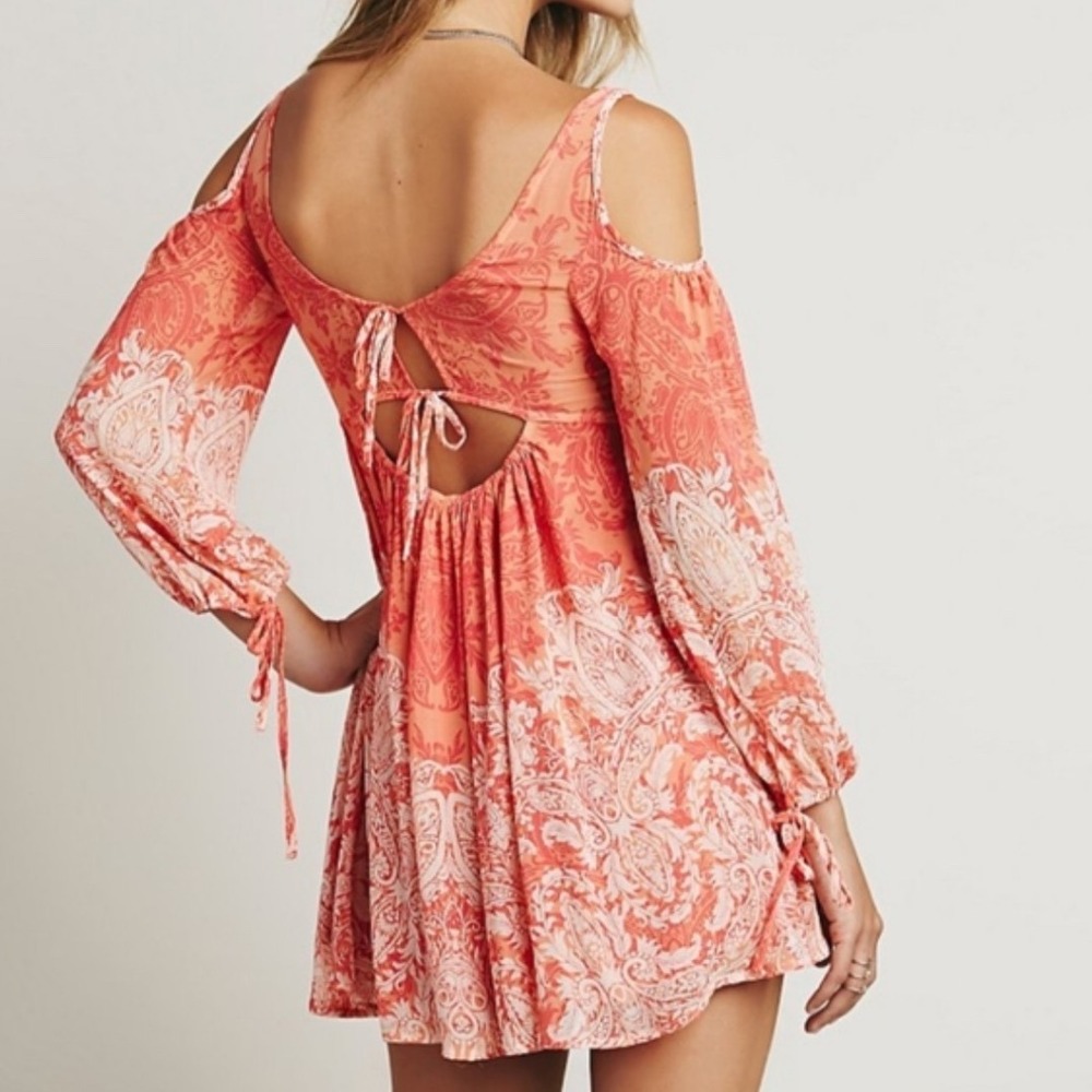 Free People Orange Paisley Cold Shoulder Mini Dress Tie Open Back Cutout Size XS
